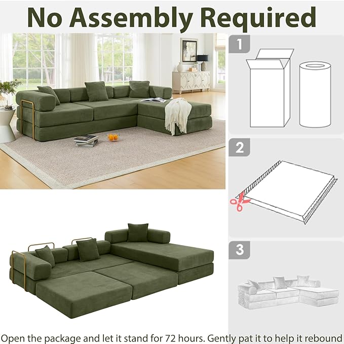 HANXIN 108" Modular Sectional Sofa, Futon Convertible Sofa Bed,Oversized Corduroy Boneless Couch for Living Room,Floor Loveseat Sleeper with Pull Out Bed,Free Combination,No Assembly Required (Green)