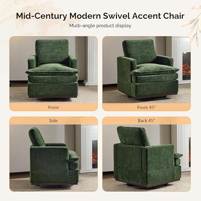 VINGLI 360° Swivel Mid-Century Modern Accent Armchair with Double-Layer Seat Cushions, Comfy Single Square Sofa, Upholstered Club Chair for Living Room,Bedroom, Reading Room, Chenille Green