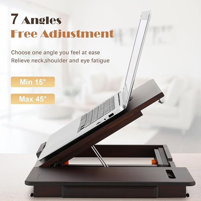 Laptop Desk for Bed with Fan Nnewvante 7 Angles & 4 Heights Adjustable Bamboo Laptop Table Foldable Lap Desk with Drawer and Phone Slot for Bed Floor Sofa, Black Walnut