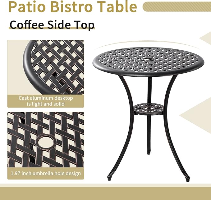 Withniture Outdoor Patio Bistro Set All Weather Bistro Table and Chairs Set of 2 with Umbrella Hole, Cast Aluminum Outdoor Bistro Set Rust-Resistant Patio Furniture for Garden Porch, Bronze