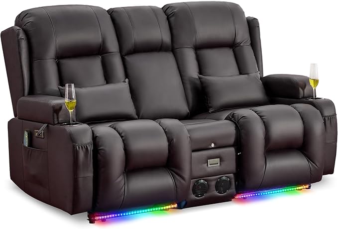 URRED Loveseat Recliner Sofa with Massage and Heat, Power Reclining Loveseat Sofa RV Couch with Console, Home Theater Seating with LED Lights, Bluetooth Speaker, USB, Outlets, Faux Leather, Dark Brown