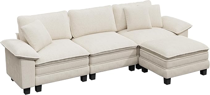 MIXPATIO 123-Inch L Shaped Sectional Sofa with Cloud Cushions, Deep Seat Modular Couch Set w/ 4 Seats & 1 Ottomans, Removable Arms, Plush Corduroy Upholstery for Living Room, Apartment - Beige