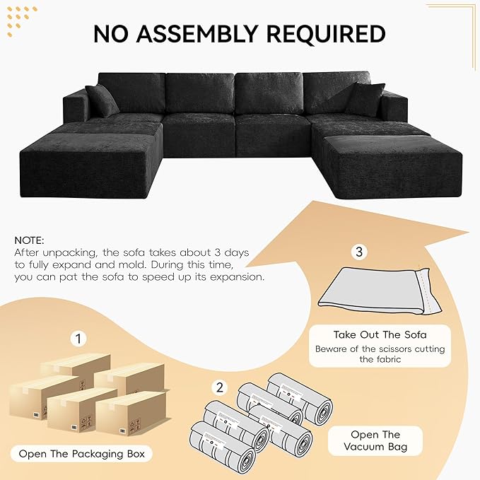 146'' Oversized Boneless Sofa Bed, 4 Seater Modular Sectional Couch with 4 Moveable Ottoman, No Asswmbly Chenille Compression Sofas with Chaise for Home House, Black