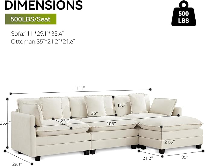 UMBFUN 3-Seater Cloud Couch with Ottoman, Oversized Comfy Modular Sectional L Shaped Sofa with Deep Seats, Chenille Couch for Living Room, Beige