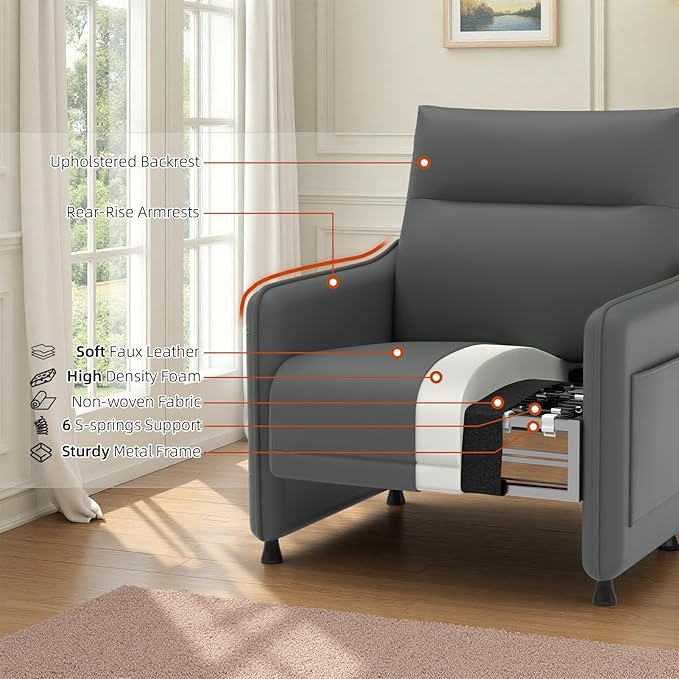 Tbillionnext Upholstered Accent Sofa, Modern Faux Leather Sofa Chair with Hidden Foldable Tray & Side Pocket, Rear Contour Arm Design, Small Accent Sofa for Bedroom, Gray