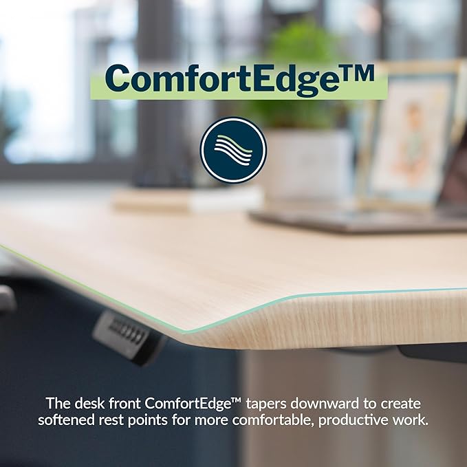 Vari ComfortEdge 72x30 Inch Adjustable Electric Standing Desk – Sit Stand VariDesk with Memory Presets, Sloped Edge, 180 LB Capacity + Tool-Free Assembly (Light Wood Top/Black Legs)