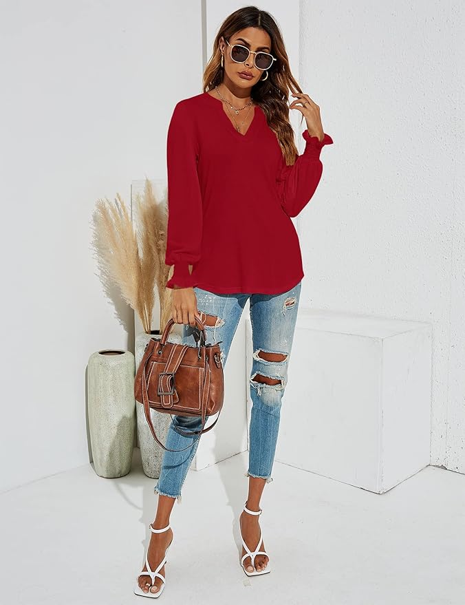 Romanstii Women's Casual V-Neck T-Shirts Loose Puff Long Sleeve Tops Tunic Blouses