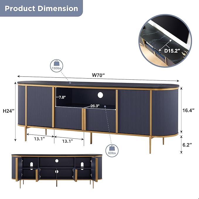 OKD Luxury 70" Fluted TV Stand, Modern Chic Entertainment Center for TVs Up to 80 inches, TV Console with Faux Marble Top, Curved Profile Design, Media Console for Living Room, Navy Blue