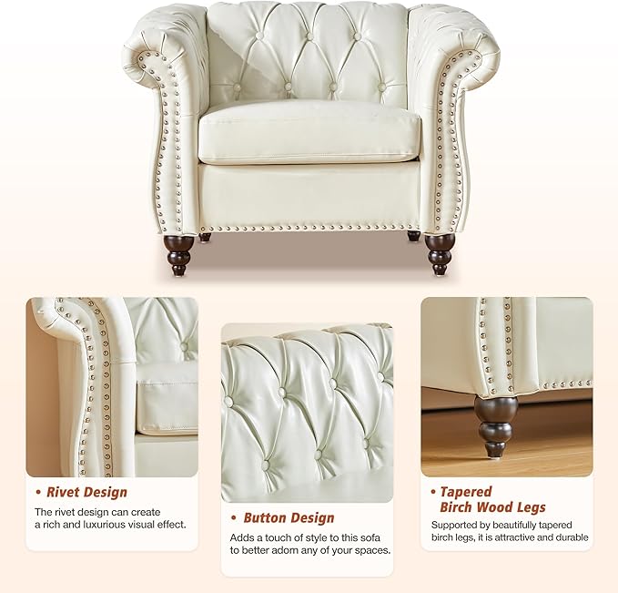 QHITTY Accent Chair, Chesterfield Chair Modern Leather Upholstered with Tufted Back for Living Room Furniture (White)