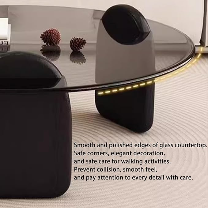 EASYSOUL Modern Round Coffee Table with Glass Top, 27.56" D x 27.56" W x 14.69" H, Circular Tea Tables for Living Room Home Office Industrial Cocktail Tables (Black-Grey Glass/27.56")