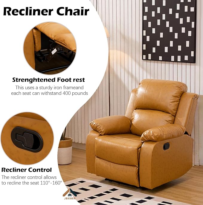 JBXBER Manual Recliner Sofa Set for Living Room, Leather Reclining Sofa Sets, Faux Leather Couch Set with Cup Holders, Drop-Down Table and Storage Console(Sofa and Chair,Ginger)