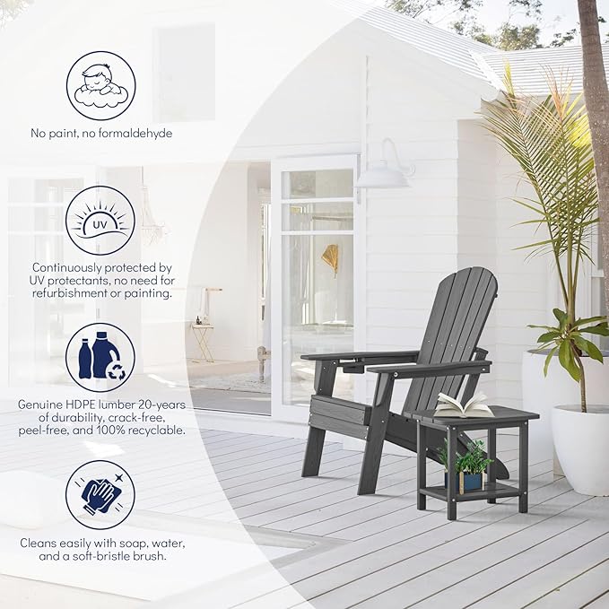 Plawdlik Folding Adirondack Chair, SGS Tested, Wooden Textured with Cup Holder, Heavy All-Weather HDPE Comfortable Set Poolside Backyard Lawn Grey Set 2