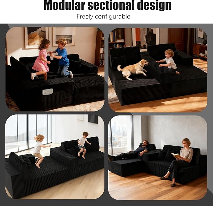 Komusou 110" Boneless Couch, Cloud Modular Sectional Sofa with L-Shape Chaise, Modern Upholstered Couches for Living Room Bedroom No Assembly Required (Black, Right Facing Chaise)