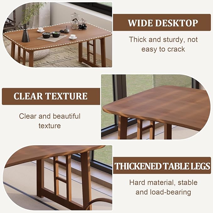 Folding Coffee Table, Foldable Japanese Floor Low Table Small Coffee Tables for Sitting On The Floor, No Assembly Portable Tea Table for Living Room Meditation Tea Room Tatami Zen Dining (Brown)