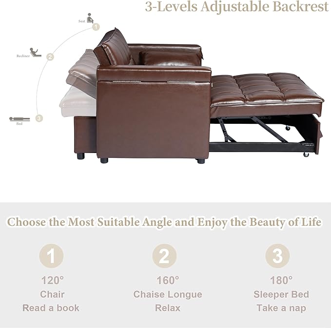 ORRD Convertible Sofa Bed, 3-in-1 Multi-Functional Faux Leather Sleeper Couch Pull-Out Bed, 48'' Loveseat Bed Chaise Lounge with Adjustable Backrest and Hidden Side Table for Living Room, Small Space
