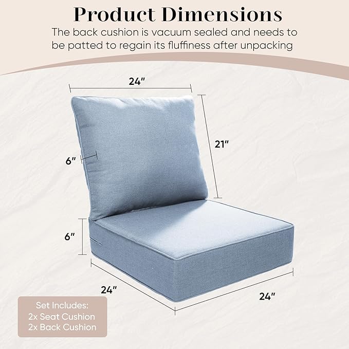 Luxury Outdoor Seat Cushion Set-24 x 24 x 6 Inch Outdoor Chair Cushions with Water Resistant & Removable Cover Outdoor Cushions for Patio Furniture Chair Sofa Couch