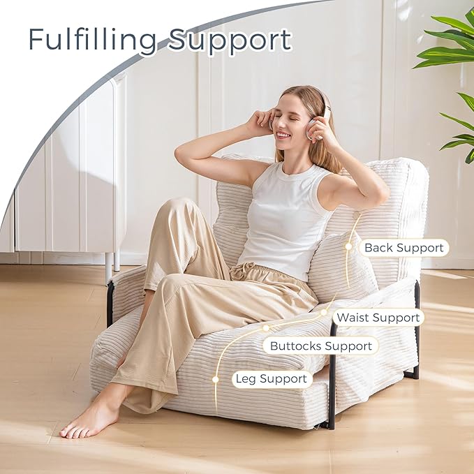 MAXYOYO Adjustable Floor Sofa Couch with Pillow, Multi-Functional Bean Bag Bed, 5-Position Foldable Lazy Sofa Sleeper Bed with Armrest, Versatile Floor Seating for Reading Gaming, Beige, Single