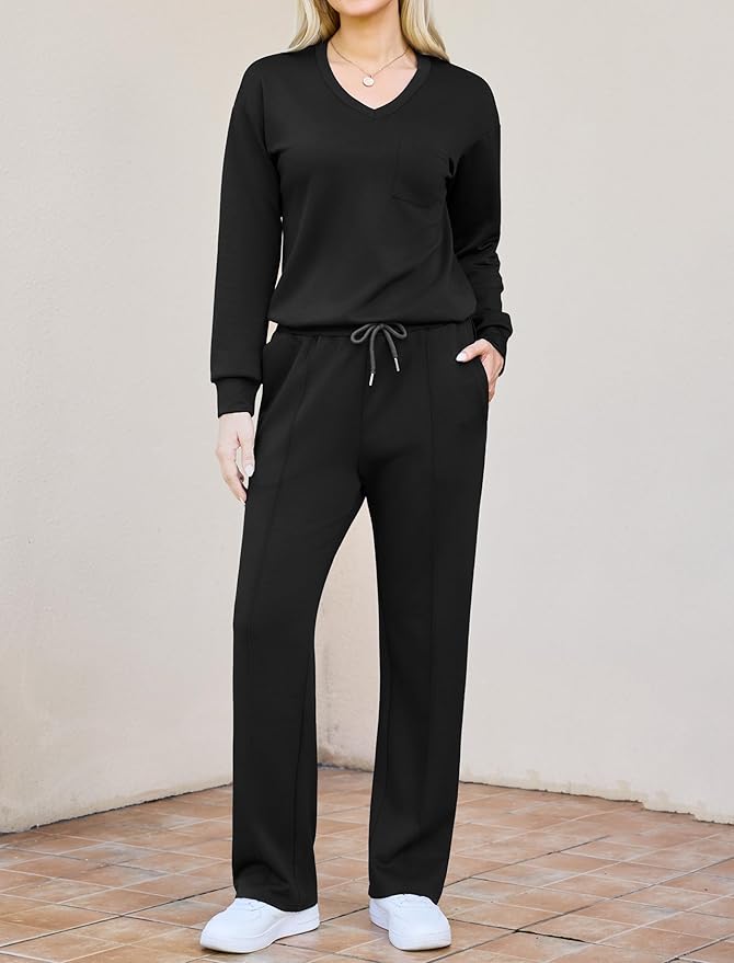 difficort Women's 2 Piece Lounge Sets Casual Travel Airport Outfits Side Slit V-Neck Tops & Wide Leg Pants Matching Set