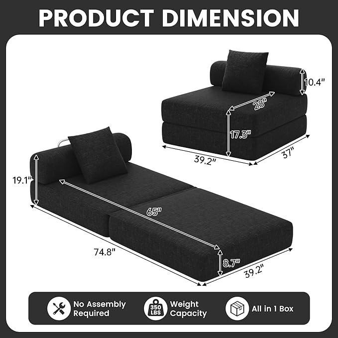 DURASPACE Folding Sofa Bed Convertible Foam Floor Sleeper Mattress Couch with Frame, Single Boneless Fold Out Lounger Chair Bed for Living Room Bedroom (Chenille Black)