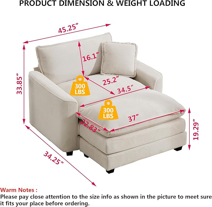 Aoowow Corduroy Large Armchair with Ottoman,Tufted Indoor Chaise Lounge Chair,Oversized Single Sofa Chairs with Footrest,Single Seat Cloud Sofas Couches for Living Room (Beige, Sofa Chair + Ottoman)