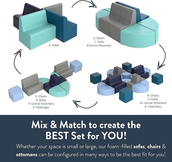 Children's Factory Large Contour Sofa, Mix-and-Match Kids Chairs, Sofas, Corner Ottomans and Cubes, Foam-Filled and Water-Resistant, Flexible Seating for Classroom Elementary, Aqua Kids Couch
