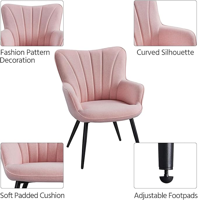 Yaheetech Accent Chair, Modern and Elegant Armchair, Linen Fabric Vanity Chair with Metal Legs and High Back for Living Room Bedroom Office Waiting Room, Pink
