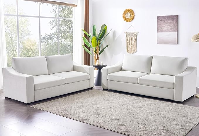 ELUCHANG 85" Modern Sofa Couches for Living Room, 3 Seater Natural Linen Sofa with Extra Deep Seats, Upholstered Cushion&Detachable Cover, Comfy Couch for Small Space, Apartment, White, 2PC