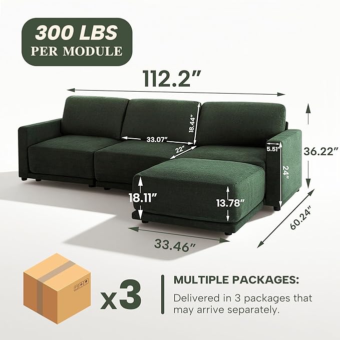 CAPCAPA 112" Modular Sectional Couches for Living Room, L-Shaped Modern Sofa with Ottoman, 4-Piece Chenille Sofa Set for Home Furniture, Dark Green