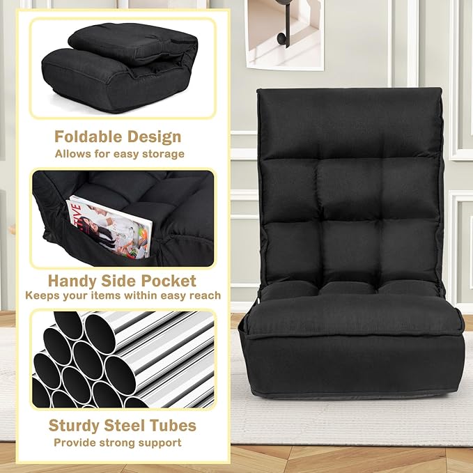 KOMFOTT Folding Floor Chair for Adults, Floor Gaming Chair with 5-Position Adjustable Headrest & 4-Position Adjustable Backrest, Side Pocket, Floor Seating Lazy Sofa for Reading, Meditating, Black