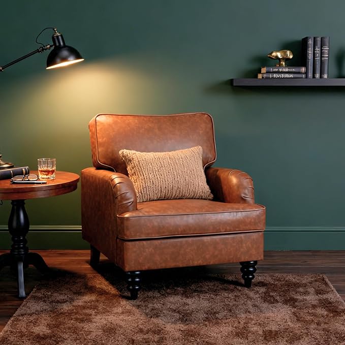 chairus Mid Century Modern Faux Leather Accent Chair Set of 2, Vintage Club Armchair with Firm Supportive Seat & Soft Backrest, Comfy Single Sofa Reading Chair for Living Room Bedroom Apartment, Brown