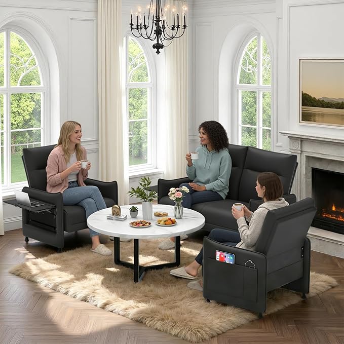 3-Piece Living Room Sofa Set, Faux Leather Loveseat & Accent Chairs Set of 2 with Hidden Foldable Tray & Side Pocket, Front Contour Arm Design, Upholstered Sofa Set for Office, Black