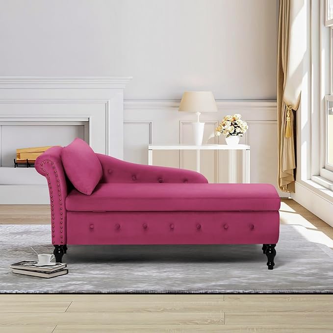 ACMEASE Velvet Chaise Lounge with Left Armrest & Storage Space,Button Tufted Lounge Chair w/Lumbar Pillow,Modern Upholstered Lounge Chair for Bedroom, Living Room and Office, Fuchsia