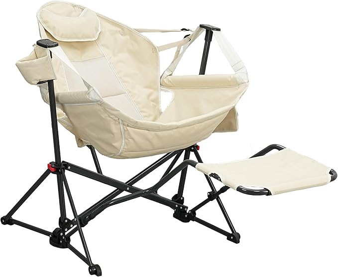 GDY Camping Chairs, Oversized Hammock, Folding Rocking Chairs, Adjustable Back Swing Chairs, Cup Holder, Outdoor Beach Lawn, White.
