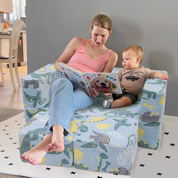 MeMoreCool Glow-in-The-Dark Dinosaur Kids Loveseat - Modular Toddler Play Couch That Folds Out, Convertible Foam Chair & Mini Sofa Bed with Washable Plush Cover, 2-Seat Playroom Furniture