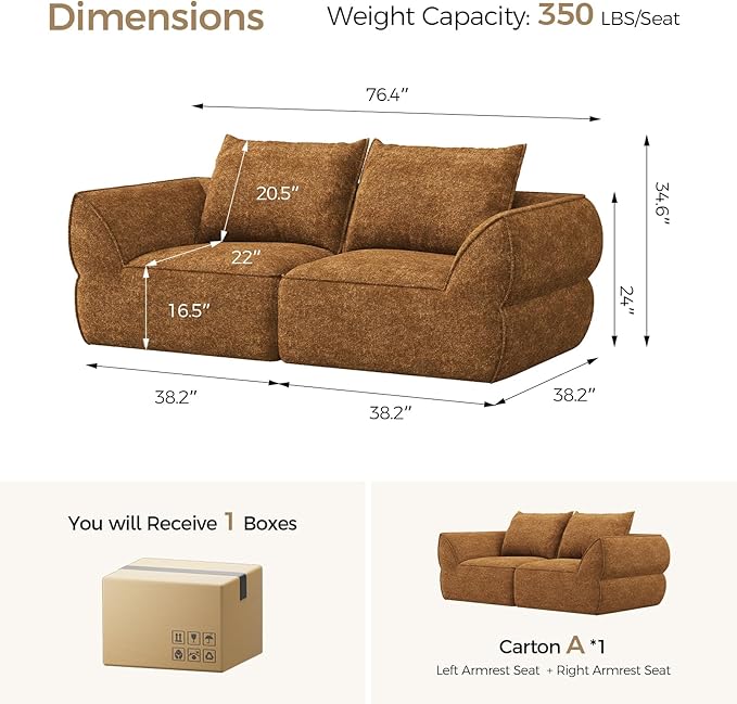 76.4" Cloud Loveseat Sofa, Deep Seat Couch with Pillows, Modern Comfortable Upholstery Boneless Sofa, 1 Piece for Living Room, Bedroom, Apartment, Removable Cover，No Assembly Required, Orange