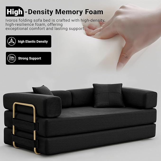 78" Convertible Sleeper Sofa Bed, Corduroy Folding Sofa Bed with Fixed-Shape Frame, Fold Out Floor Mattress Couch, Lazy Compression Sofas for Living Room, Bedroom, No Assembly Required, Black
