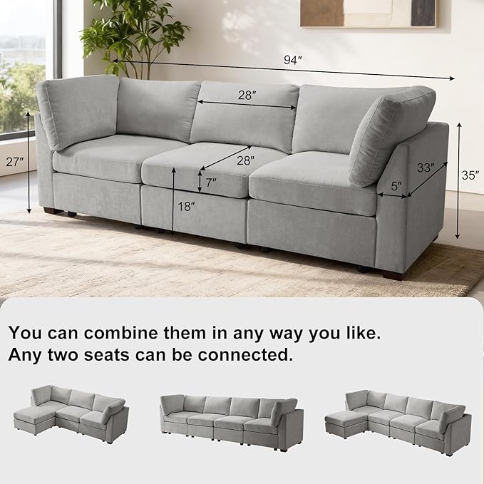 EDILLY 94 inches Oversized Modular Sectional Fabric Cloud Sofa Set, Extra Large L Shaped Couch Reversible Chaise Couch,3 Seat Modular Sofa, Light Grey