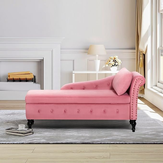 ACMEASE Upholstered Chaise Lounge with Right Armrest & Lumbar Pillow,Button Tufted Lounge Sofa with Storage,Lounge Chair Indoor,Modern Velvet Lounge Chair for Bedroom, Living Room and Office,Pink
