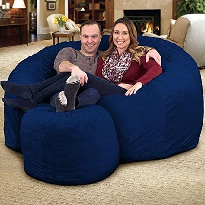 ULTIMATE SACK 6000 6-Foot Bean Bag Chair with Footstool, Electric Blue Suede Cover – Oversized Foam Lounger, Floor Seat, Small Sofa, or Couch Bed for Living Area, Gaming Room, or Reading Lounge