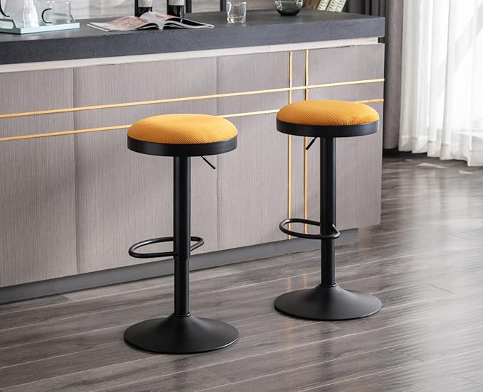 EALSON Modern Swivel Bar Stools Set of 4 Adjustable Counter Height Backless Barstools with Metal Base Fabric Upholstered Round Bar Stool Chairs for Kitchen Island/Pub/Breakfast Bar, Yellow
