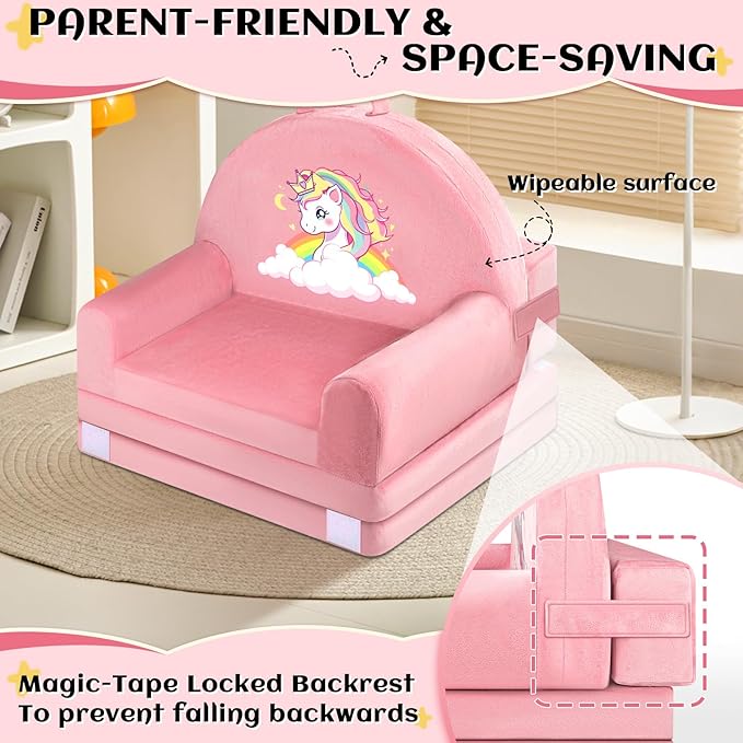 ORWIPO Unicorn Kids Sofa Bed with Removable Washable Cover & Hook and Loop Backrest – Foldable Toddler Chair, Cozy Crystal Velvet Furniture for Playtime, Naps & Travel (Pink, Unicorn Design)