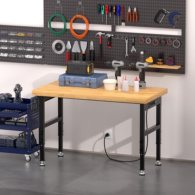 48" Heavy-Duty Solid Work Bench with Power Outlets, Adjustable Height Workbench with Rubber Pad, 2000 LBS Capacity Work Table for Garage, Workshop, Office, Home
