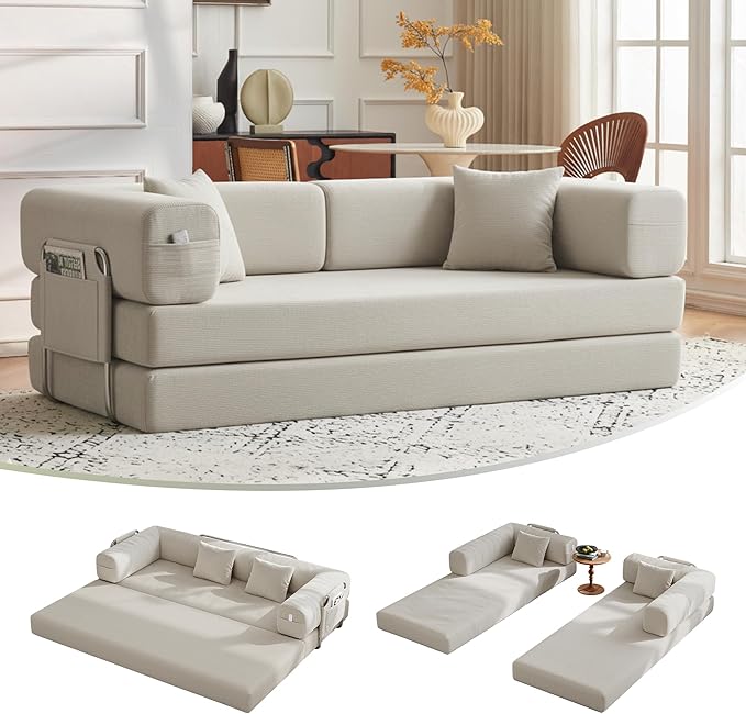 Carzzi-Life 79" Convertible Sofa Bed with Pillows, Corduroy Folding Sleeper Sofa with Fixed-Shape Frame, Boneless Couch for Living Room Bedroom, Floor Sofa Lounge No Assembly Required (Beige)