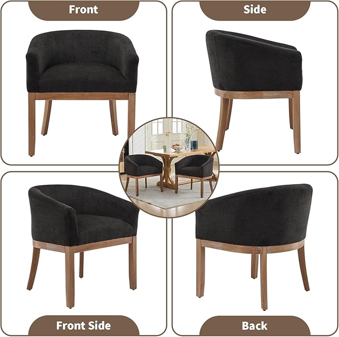 Shenyon Mid Century Modern Dining Chairs Set of 2, Upholstered Linen Fabric Dining Room Chairs with Arms and Solid Wood Legs, Comfy Barrel Accent Chairs for Dining Room, Living Room, or Cafe,Black