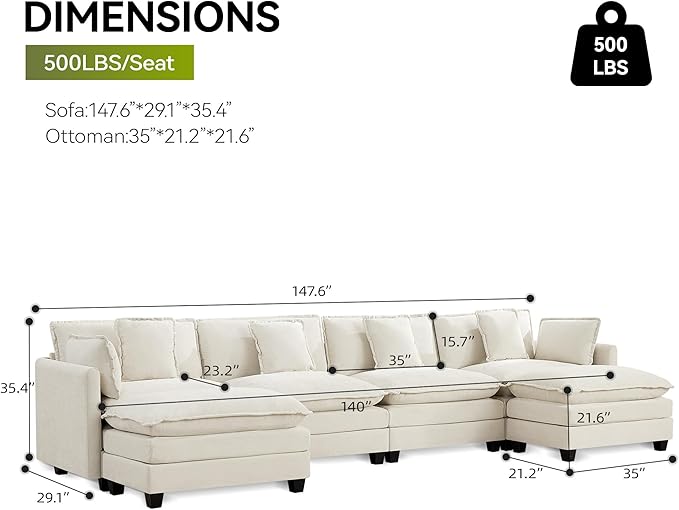 UMBFUN 4-Seater Cloud Couch with 2 Ottomans, Extra-Large Modular Sectional U Shaped Sofa with Deep Seat Cushions, Chenille Couch for Living Room, Beige