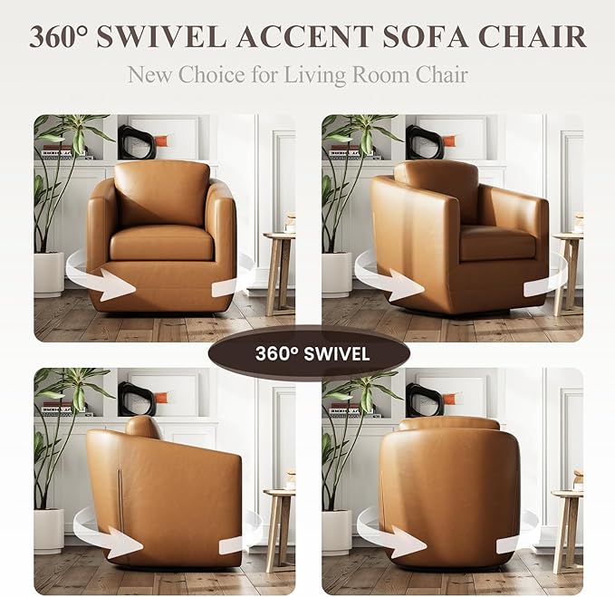 MALOL 360° Swivel Accent Chair Set of 2 with Pillow - Comfy Living Room Armchair No-Sag Foam & Sturdy Metal Base, Fully Assembled Swivel Accent Single Sofa for Bedroom Living Room, Office, Brown