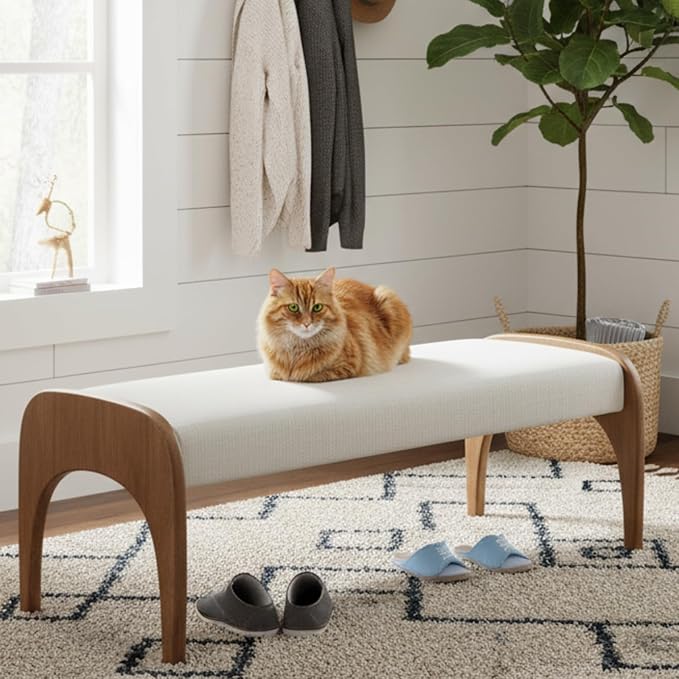 DUOMAY Modern 51" Wide Ottoman Bench, Long Entryway Bedroom Bench with Solid Wood Legs and Linen Upholstered Dining Bench Storage Bench for Living Room Indoor, Kitchen, White