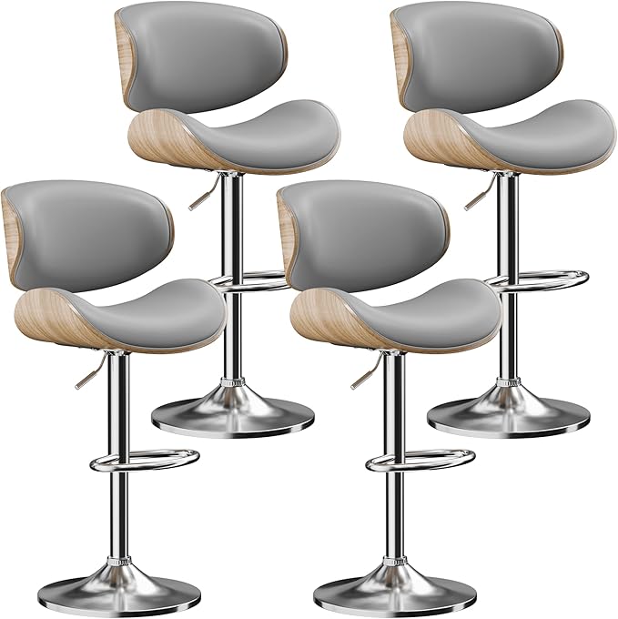 Aowos Bar Stools Set of 4, Adjustable Swivel Leather Bar Stools for Kitchen Island, Mid Century Modern Counter Height Bar Chairs Barstools with Back & Footrest (Grey)