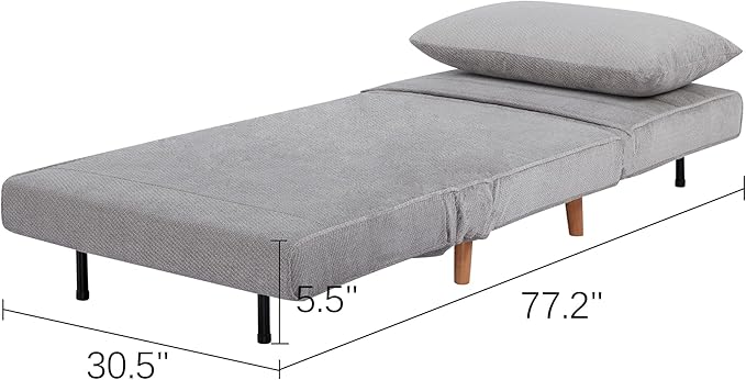 CITTANEO 31" Convertible Sleeper Chair, 3-in-1 Foldable Chair Bed with Pillow, 3-Position Adjustable Backrest, Single Sofa Bed for Apartment, Office, Light Gray
