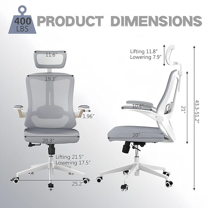 Ergonomic Office Chair - 400LB Comfy Desk Chairs with Adjustable Headrest and Lumbar Back Support, Mesh Computer Chairs with Wheels and Arms for Home Office, Study (Gray-with Headrest)